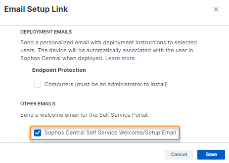 Boîte de dialogue du lien de configuration par email avec l’option d’accès à SSP sélectionnée