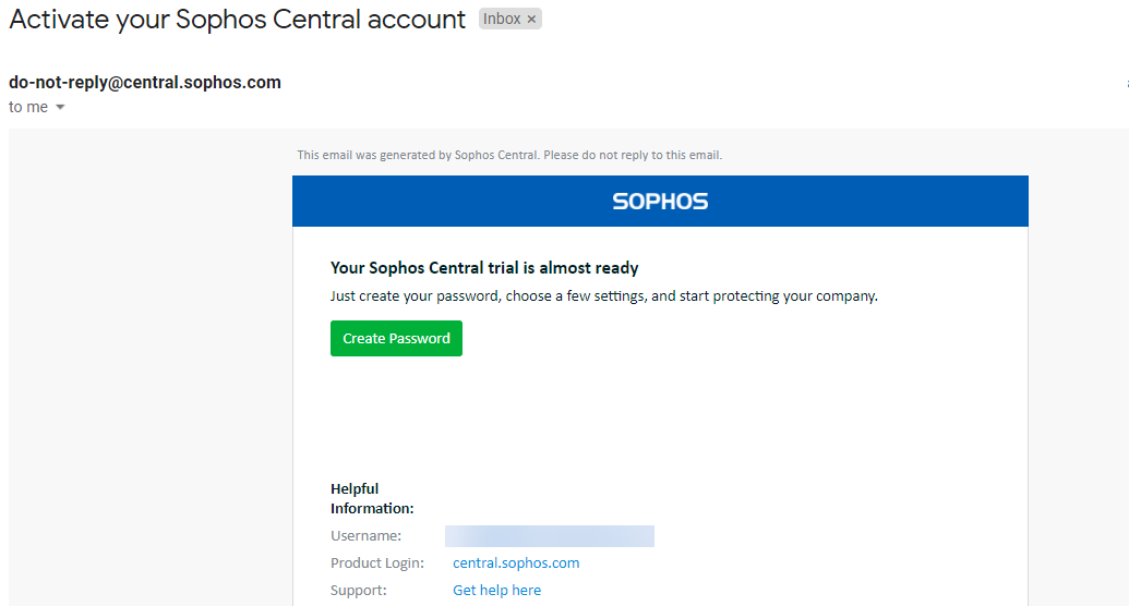 Capture d’écran de l’email de bienvenue Sophos.