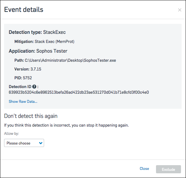 « Détails de l'événement » montrant un type de détection StackExec sur une application