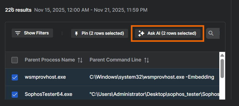 Chat dell’Assistente IA che mostra la funzionalità “Chiedi all’IA” utilizzata per recuperare dati dai risultati delle query.