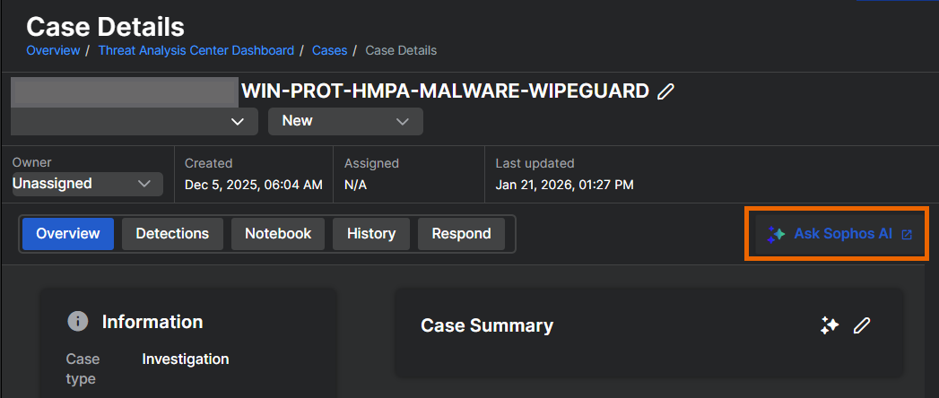 Pagina dei dettagli del caso che mostra il pulsante “Chiedi all’IA”.