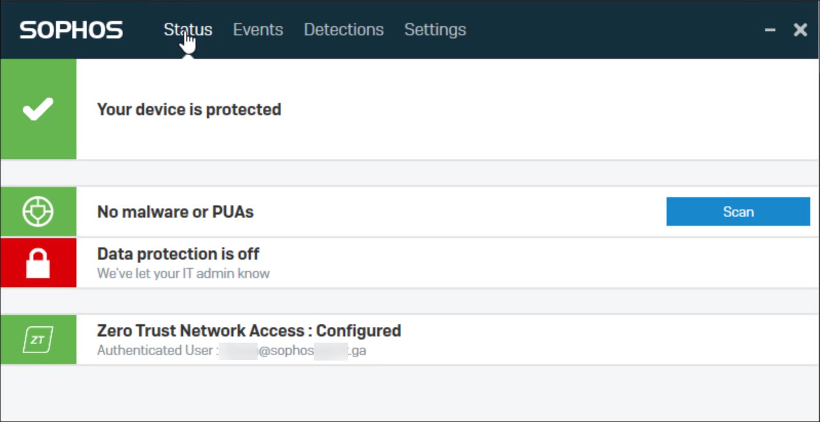 Pagina di stato di Sophos Endpoint.