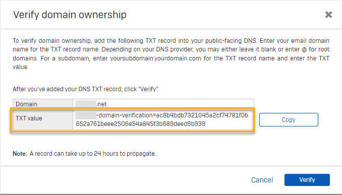 Valore TXT per la verifica della proprietà del dominio.