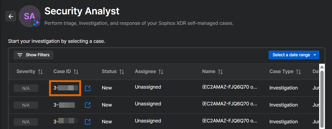 ケース ID が選択された状態を示するケースのリスト。