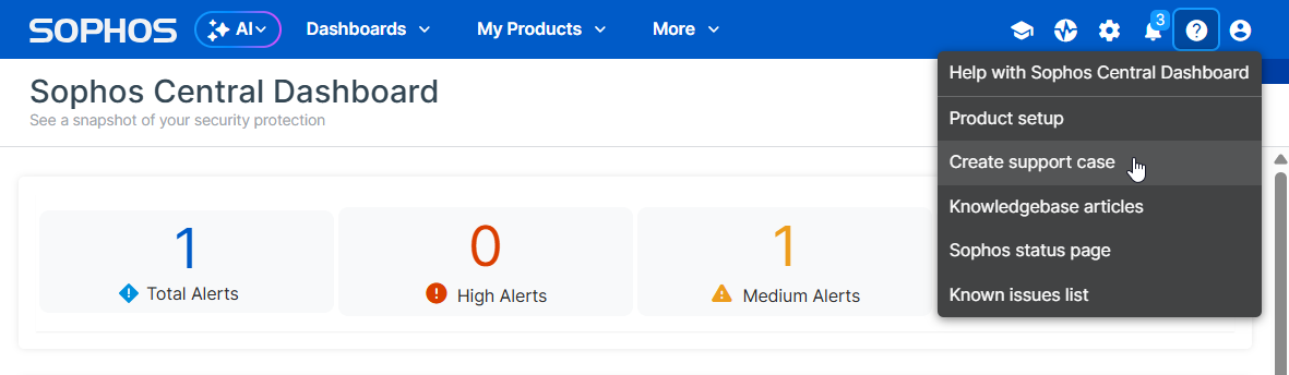 「サポートケースの作成」を表示するヘルプメニュー。