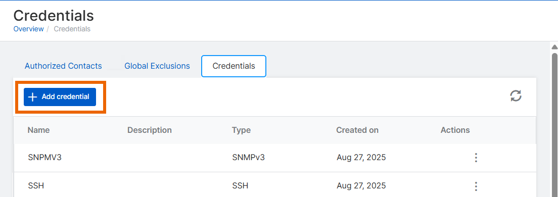 「認証情報の追加」ボタン。