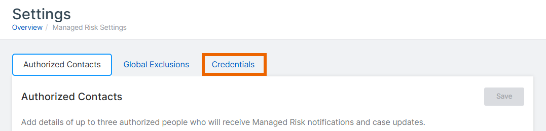 「Managed Risk 認証情報」タブ。