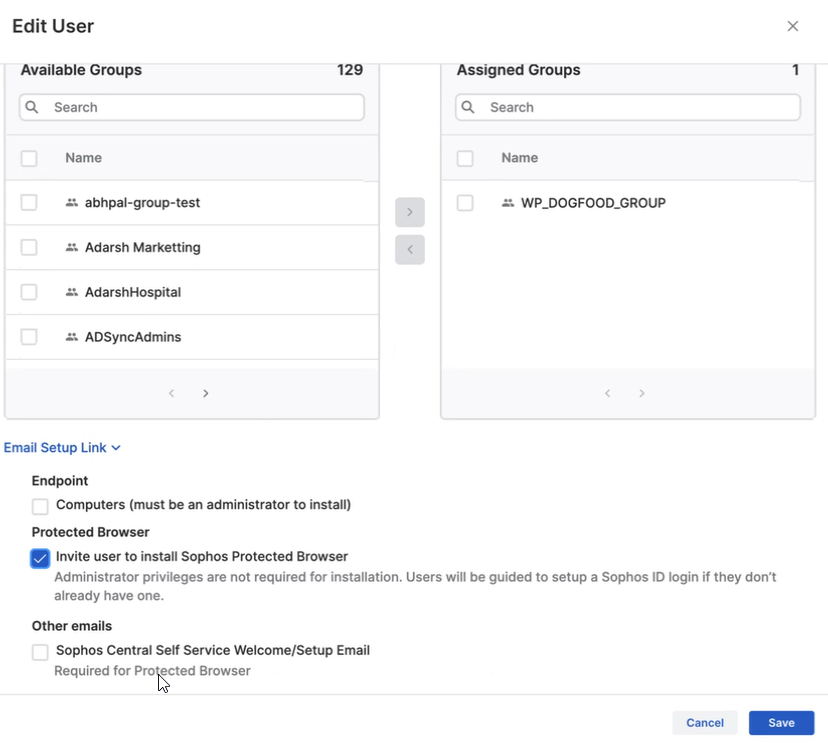 「Sophos Protected Browser のインストールをユーザーに案内する」オプション。