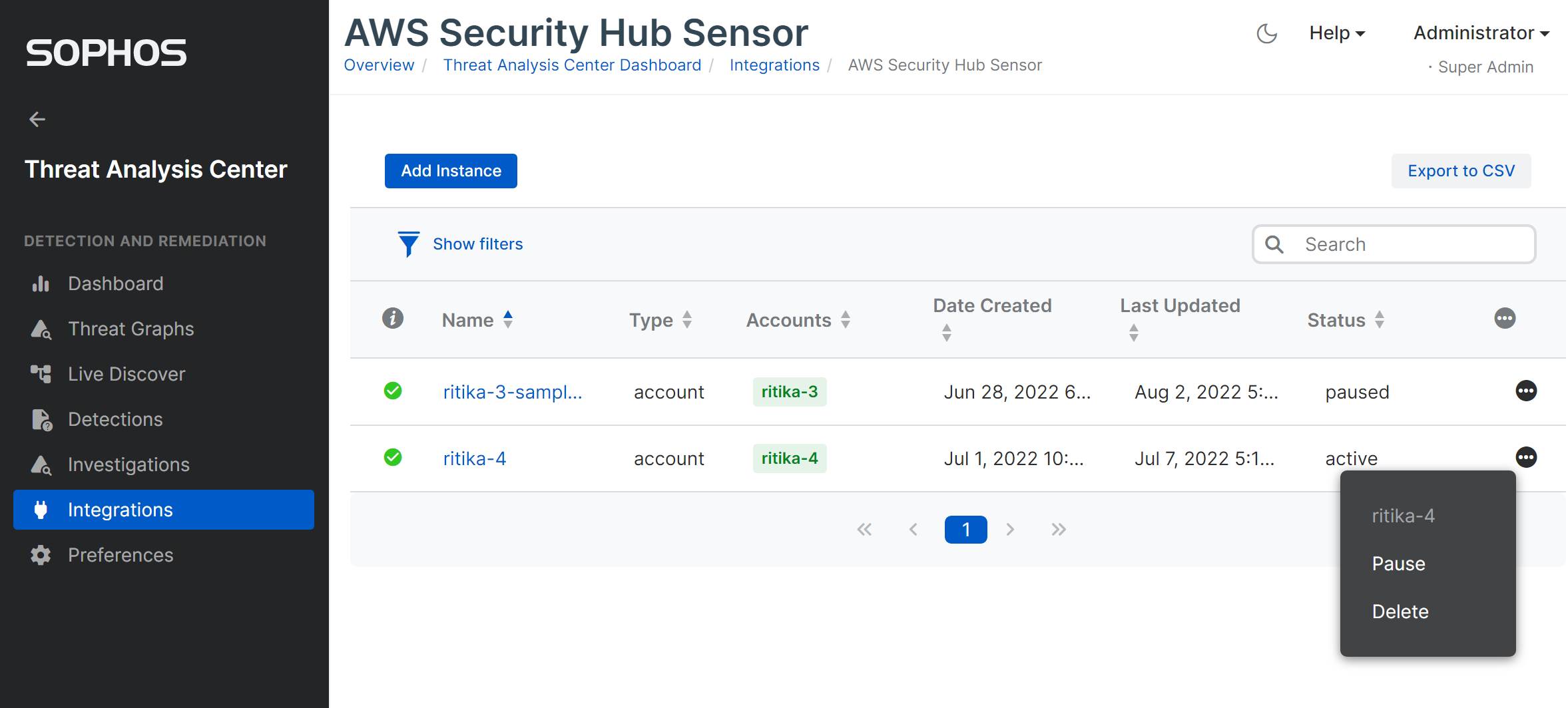 AWS Security Hub 統合の設定メニュー