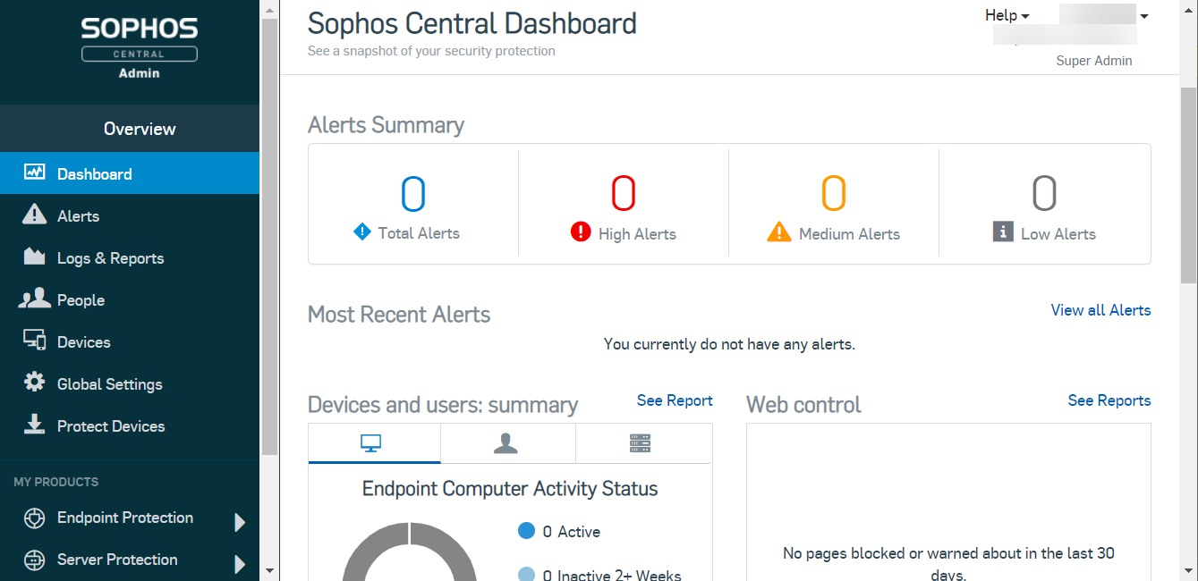 Sophos Central Admin ダッシュボード。