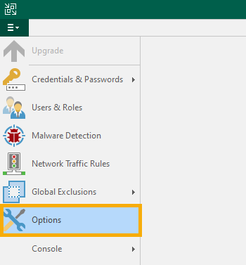 Veeam コンソールのメインメニュー。