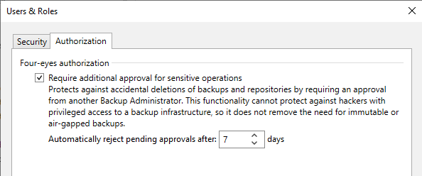 「Users and Roles」ページの「Veeam Authorization」タブ。