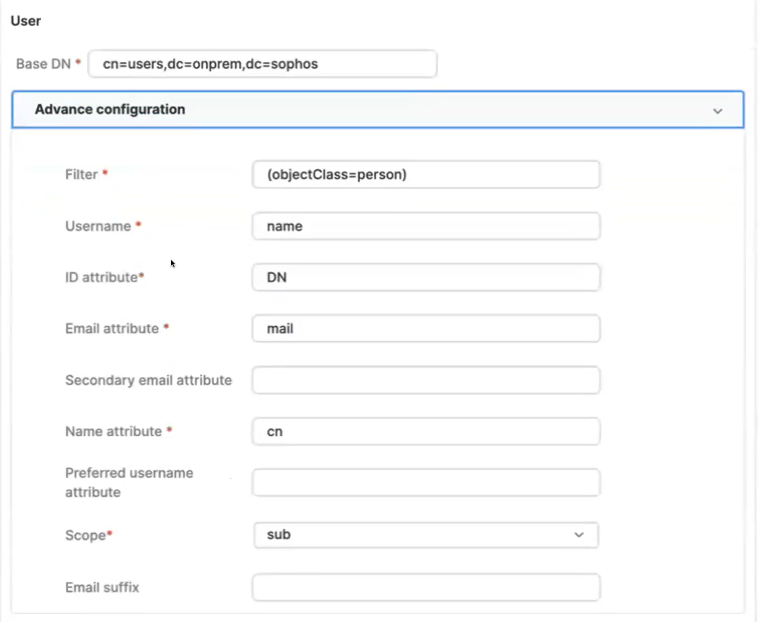 사용자 기본 DN 기본값 고급 설정.
