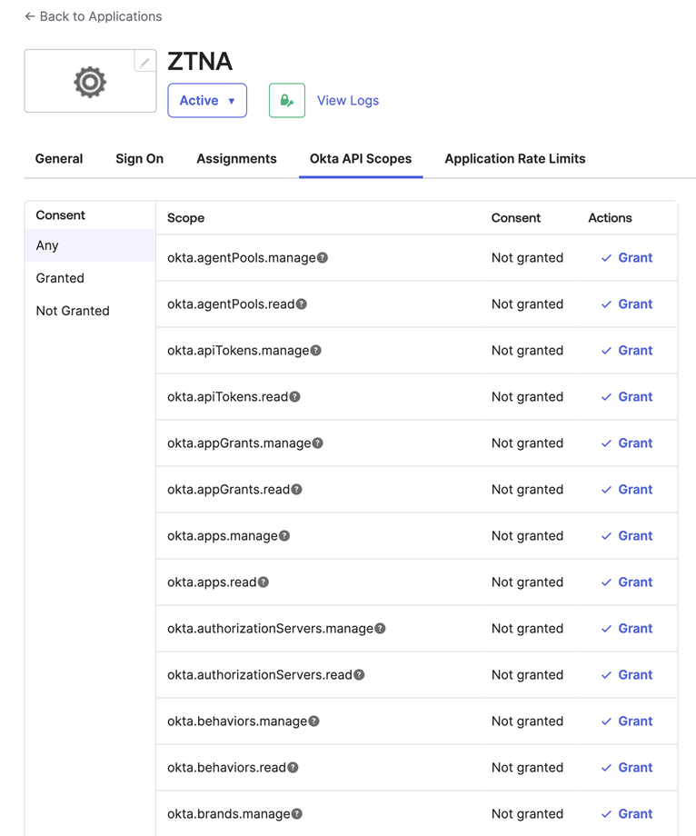 Okta API 범위 탭.