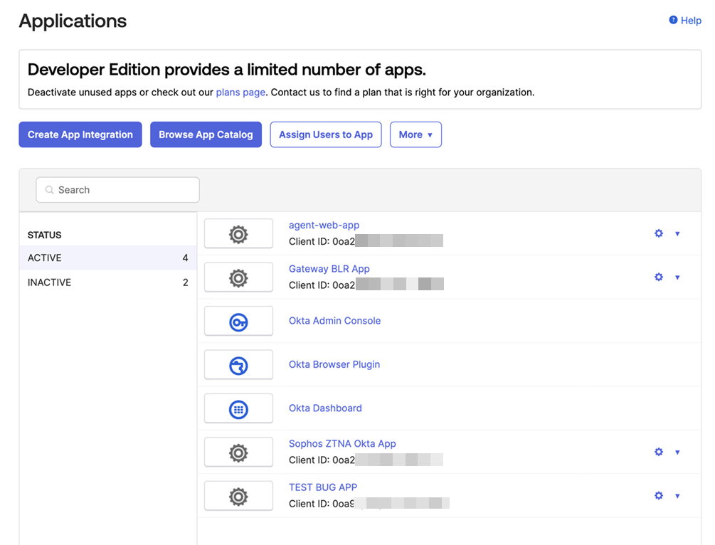 Okta 응용 프로그램 페이지.