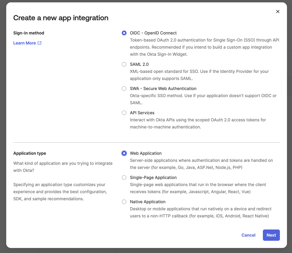 Okta 새 응용 프로그램.
