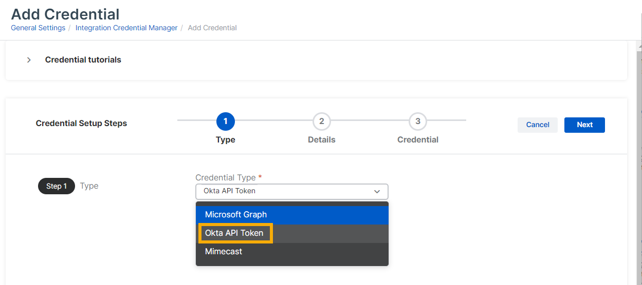 Página de tipo de credencial.