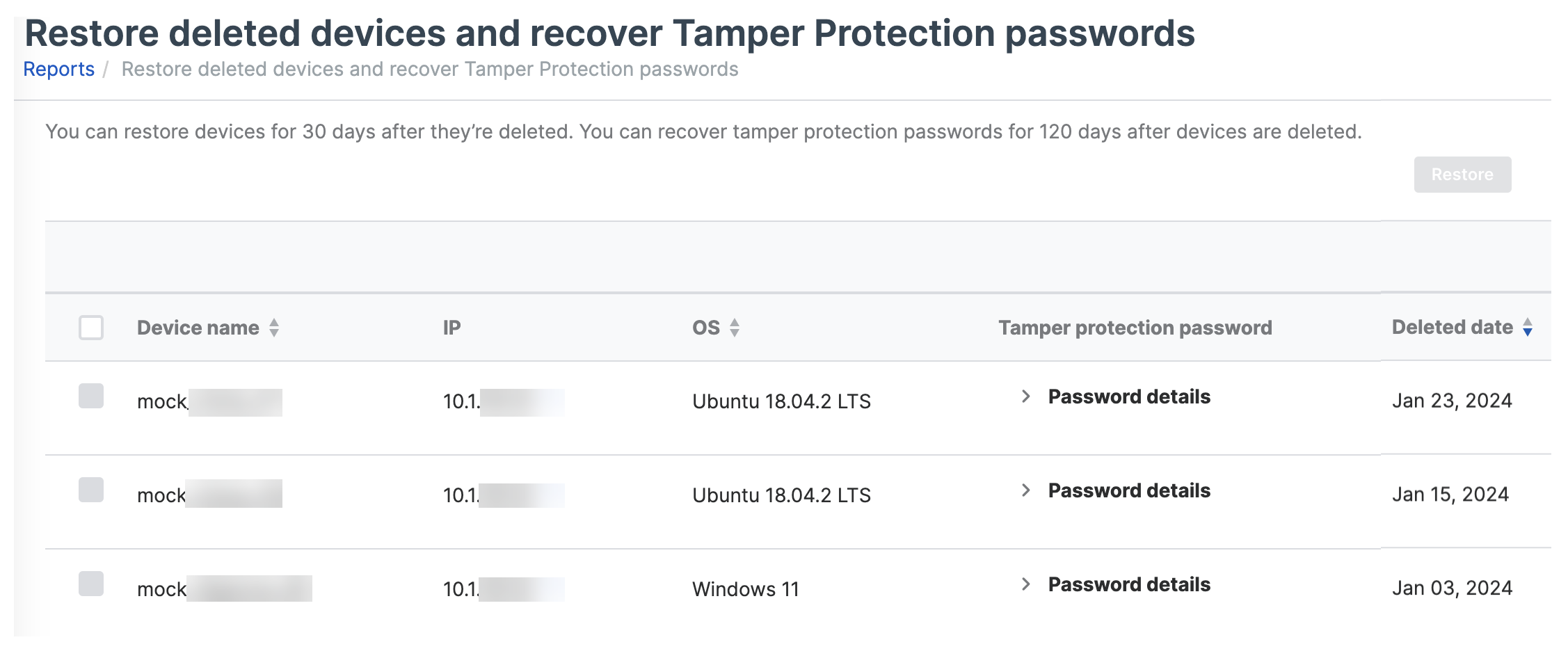 List of recently deleted devices.