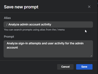 Caixa de diálogo “Salvar o novo prompt” mostrando o alias e o conteúdo do prompt.