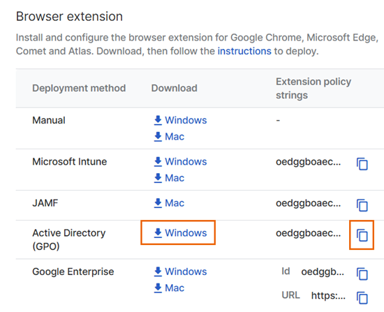 Baixar o instalador e a URL da extensão.