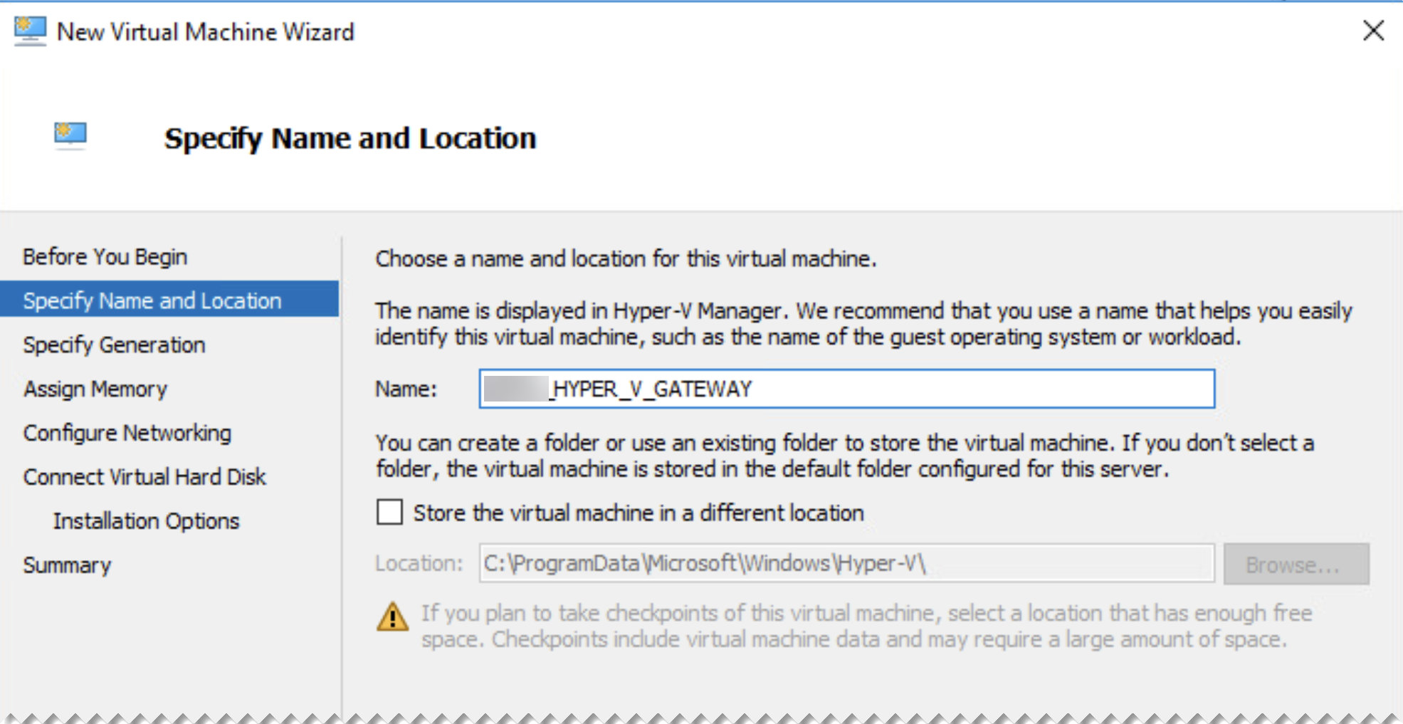 Specify Name and Location page.