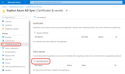 Captura de tela mostrando certificados e segredos