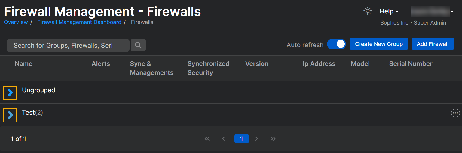 Gerenciamento de Firewall - Página de firewalls.