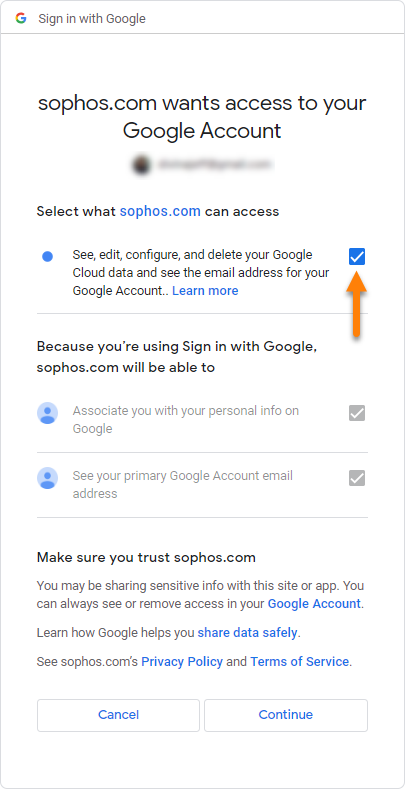 Concessão de acesso ao Google Directory Sync para a Sophos.