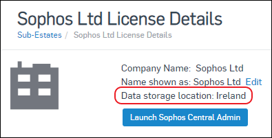 Captura de pantalla de "Detalles de licencias" mostrando "Ubicación de almacenamiento de datos"