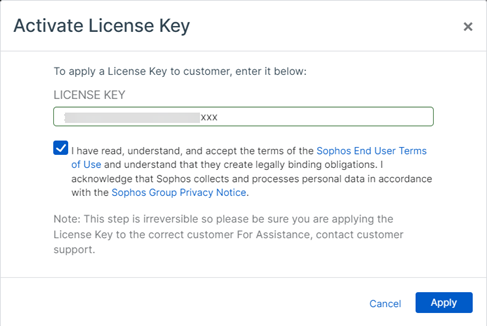 Saisissez la clé de licence Sophos MDR.