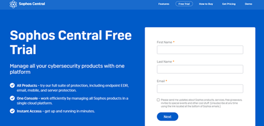 註冊 Sophos Central 帳戶試用版。