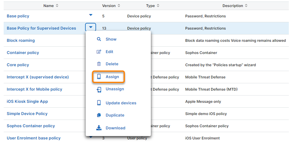 "Assign" in the policy’s actions menu.