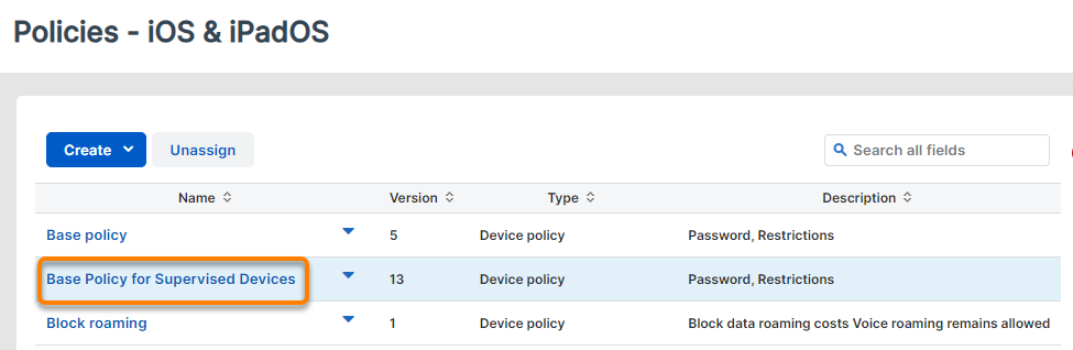 Example policy in the policy list.