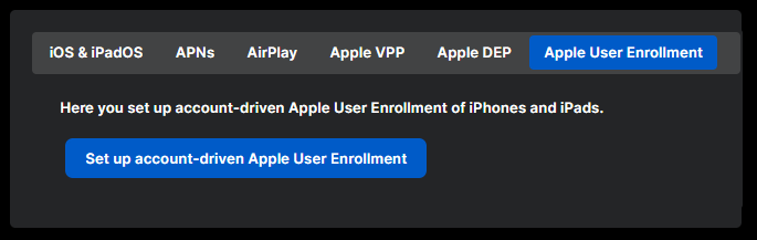 The Apple User Enrollment tab.