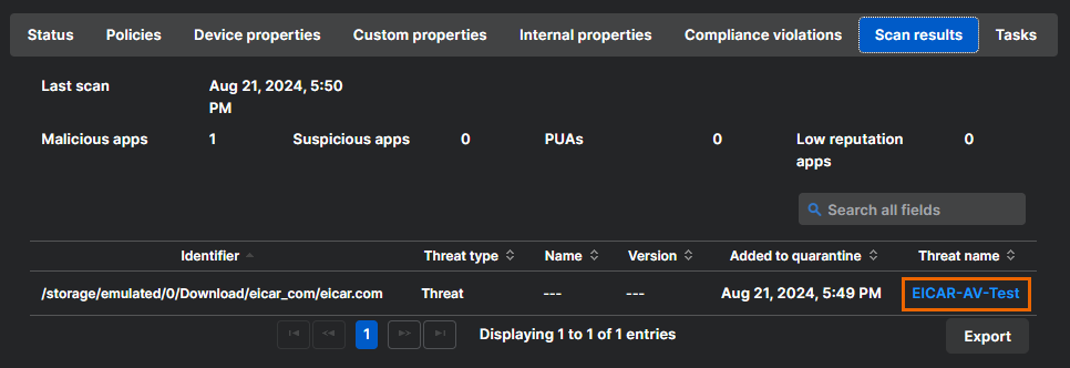 Threat link on the Scan results tab.