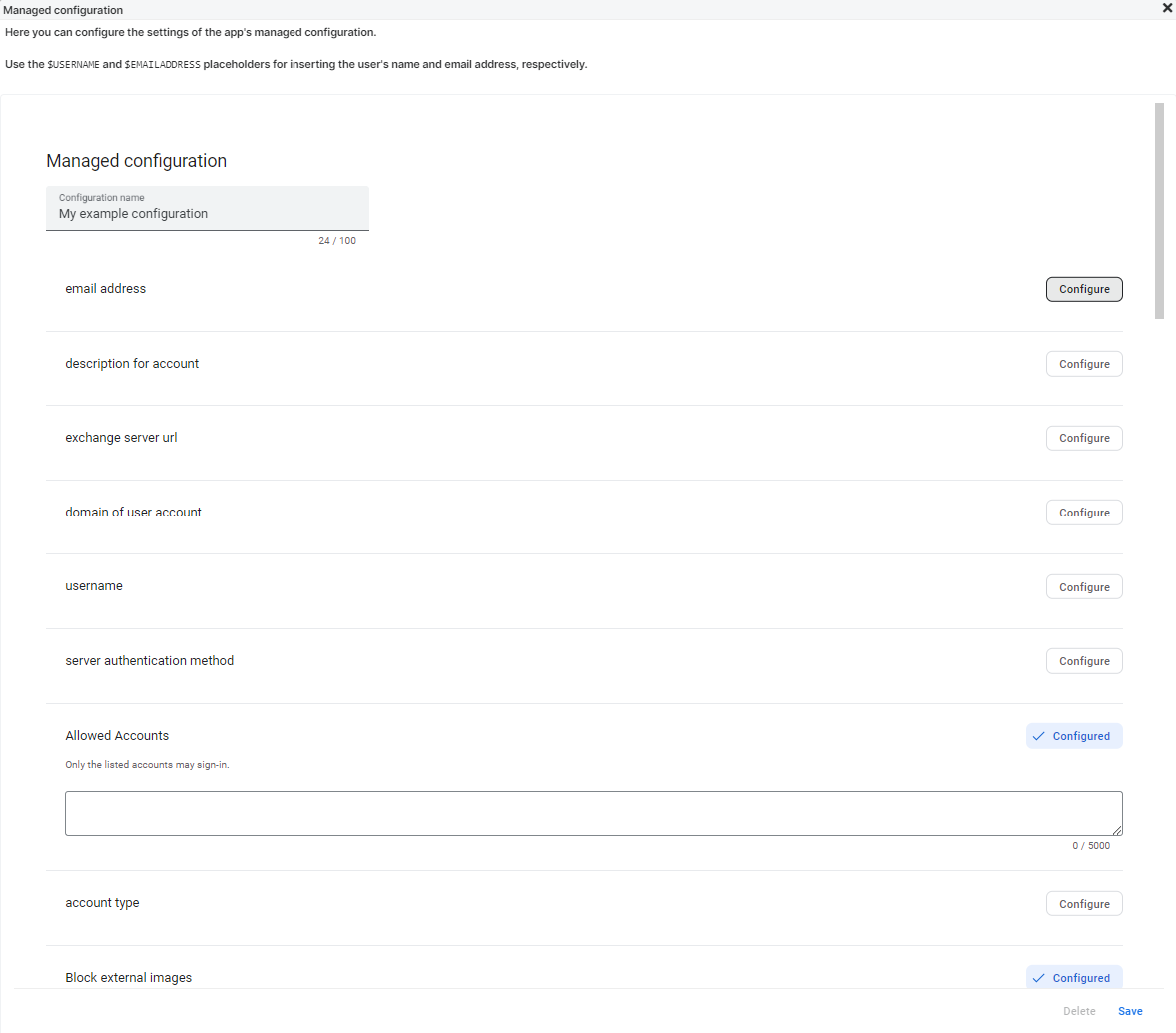 The **Save** button on the **Managed configuration** window.