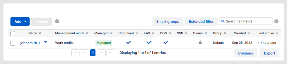 The managed device on the "Devices" page.