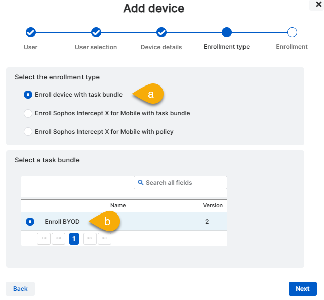 The "Enrollment type" step of the assistant showing the settings to select.