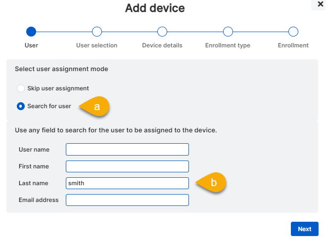 The "User" step of the assistant with a name entered in the "Last name" field.