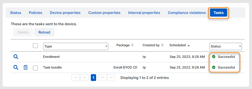 The "Tasks" tab showing all tasks with status "Successful".