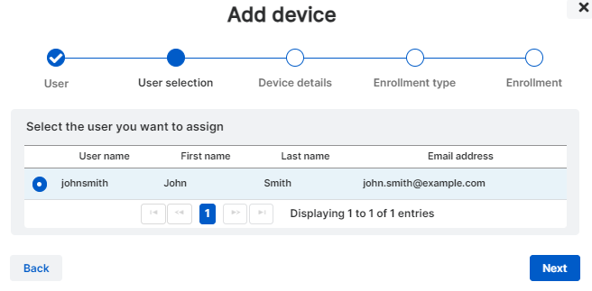 The "User selection" step of the assistant with a user selected.