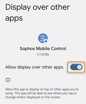 The "Allow display over other apps" setting turned on.