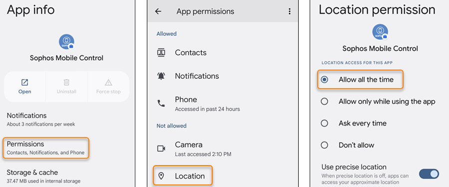 Three images showing the locations of the "Permissions", ""Location", and "Allow all the time" buttons.