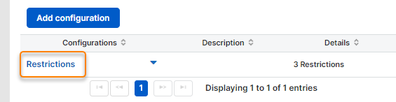 The "Restrictions" entry in the list of policy configurations.