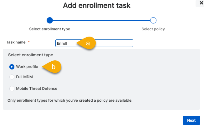 The "Select enrollment type" step of the assistant.