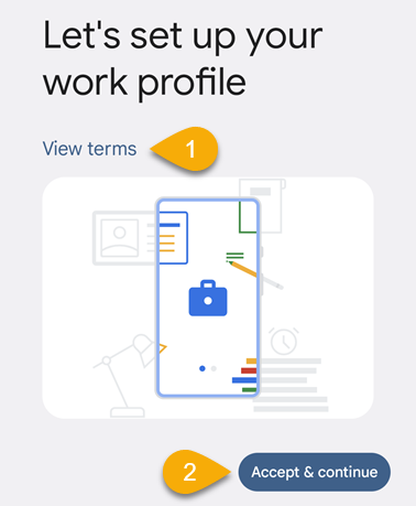 The "View terms" and "Accept & continue" buttons.