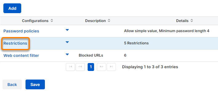 Configuración Restricciones en la lista de configuraciones.