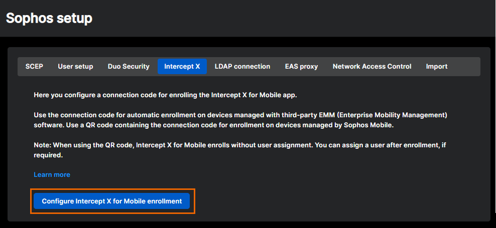 El botón Configurar inscripción para Intercept X for Mobile.