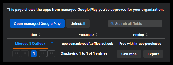App de Outlook en la página "Apps - Android para empresas".