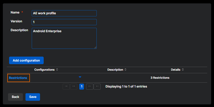 "Restricciones" en la lista de configuraciones.